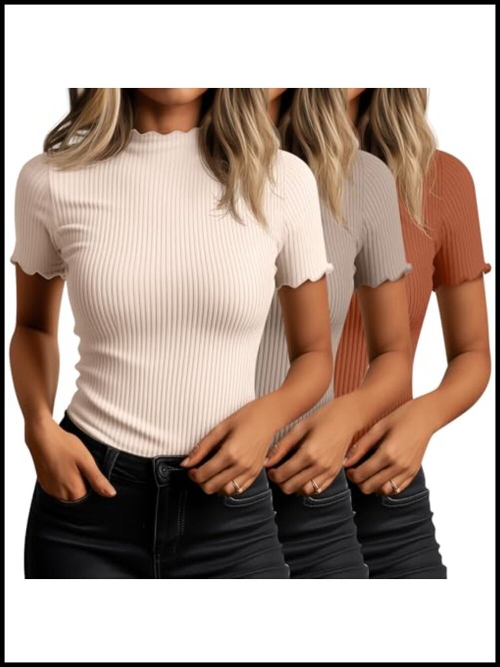 Women's 3 Pack Cotton Spandex Mock Neck Turtleneck Short Sleeve Ribbed Knit Tops